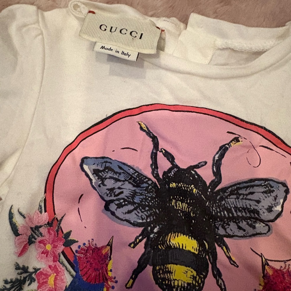 Gucci White Tee with Pink and Black Bee Motif